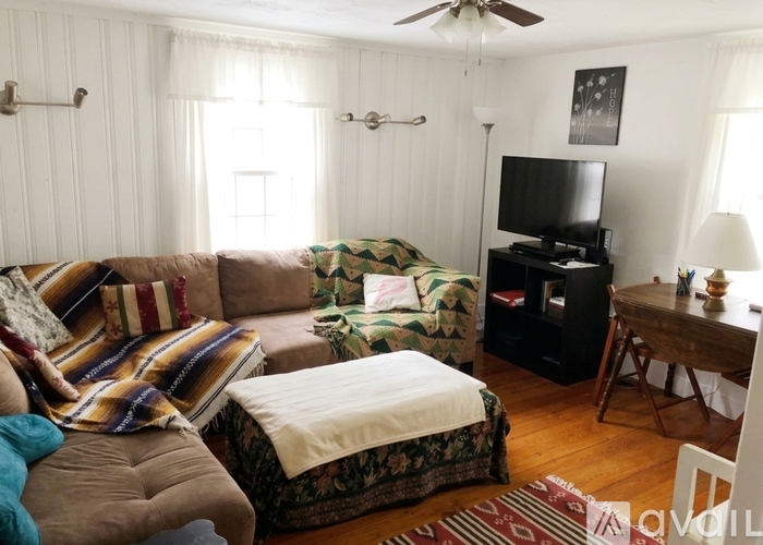 A living room with a couch, a chair, a television, and a rug.