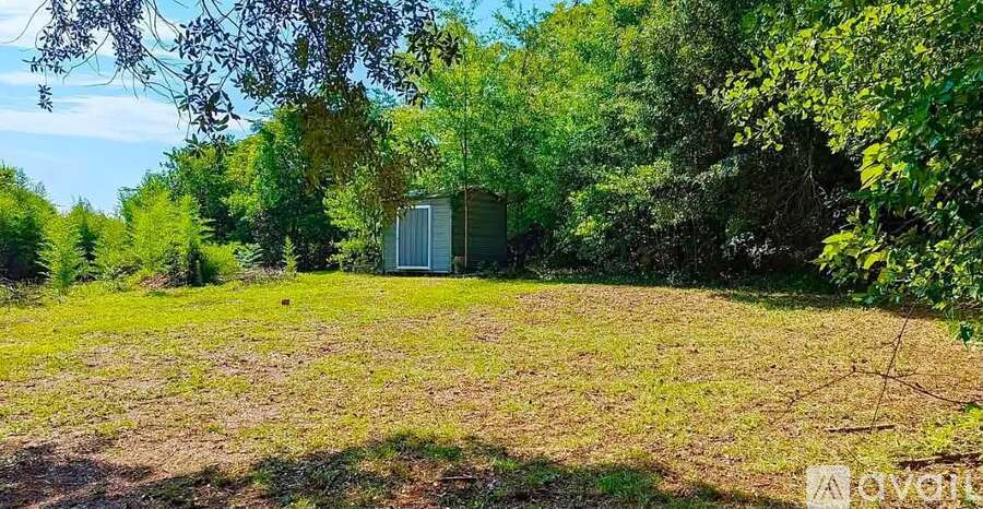 A field with a shed in the background.