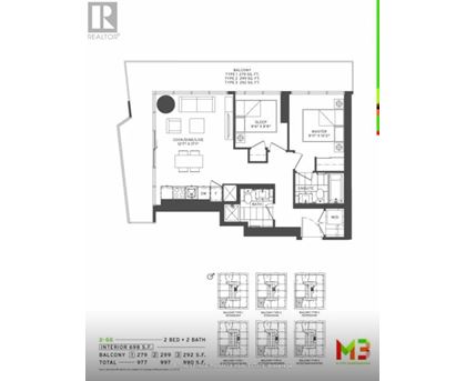 A floor plan for a 2 bedroom, 2 bath home with a total area of 997 square feet.