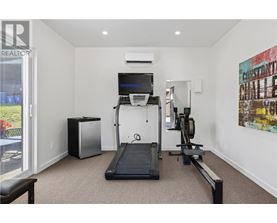 A room with a treadmill, a television, and a weight machine.