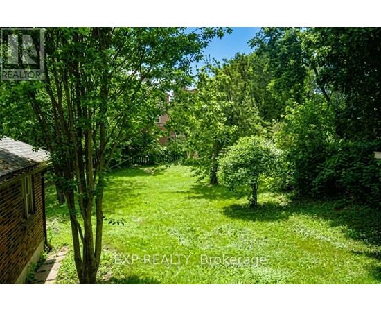 A lush green garden with trees and a house in the background.