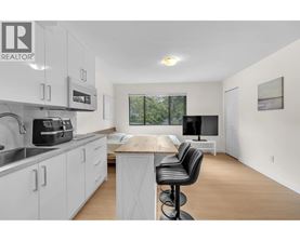 A modern kitchen with white cabinets and a wooden island.