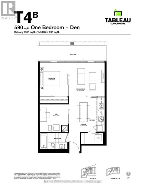 A black and white image of a floor plan for a one bedroom apartment with a den.