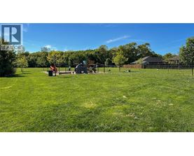 A large grassy field with a playground and trees in the background.