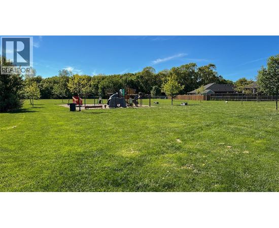 A large grassy field with a playground and trees in the background.