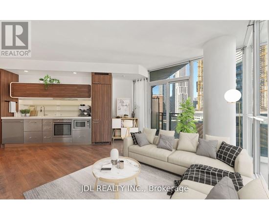 A modern living room with a large window and a view of the city.