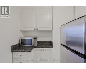 A kitchen with a microwave on a counter and a refrigerator.