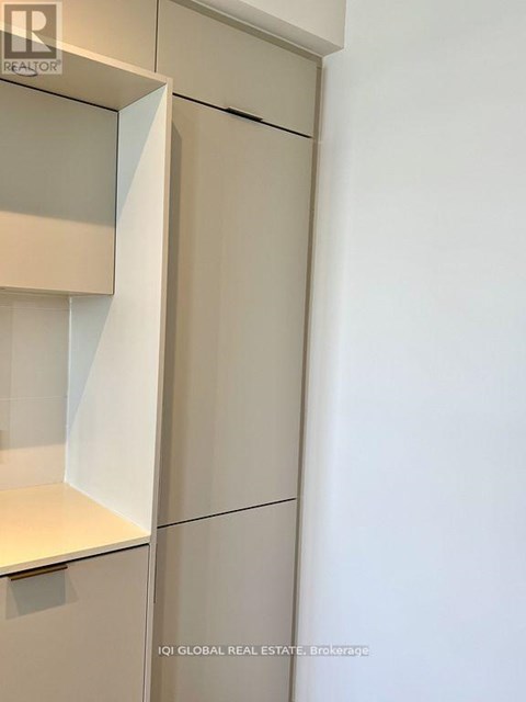 A white kitchen cabinet with a glass door and a white shelf.