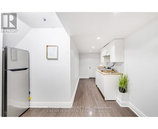 A white kitchen with a refrigerator and a small potted plant.