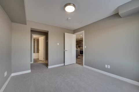 A spacious room with a carpeted floor and a ceiling light.