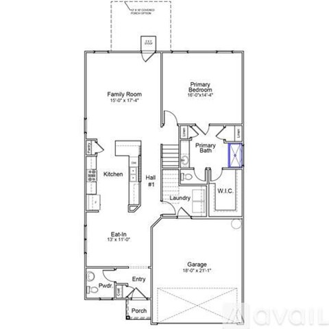A floor plan of a house with a family room, kitchen, laundry, and garage.