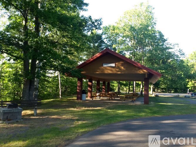 A pavilion with a red roof is surrounded by trees.