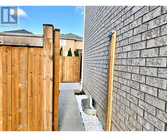 A wooden fence and a brick wall are visible in the image.