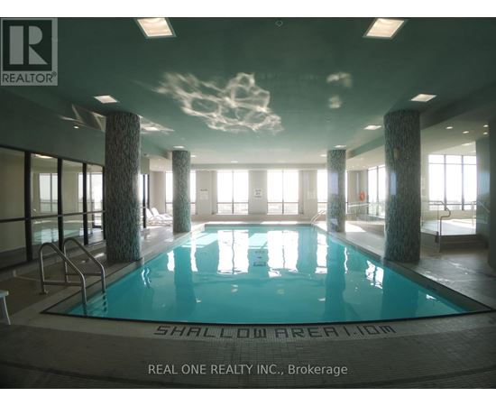 A large indoor swimming pool with the words "Shallow Area" written on the bottom.