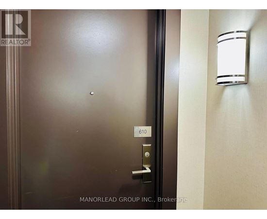 A door with a handle and a number 610 on it.