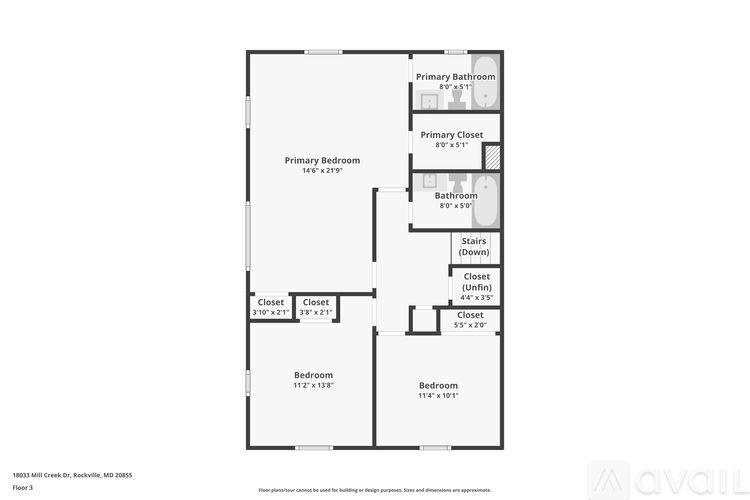 A floor plan of a house with a primary bedroom, bathroom, closet, and stairs.
