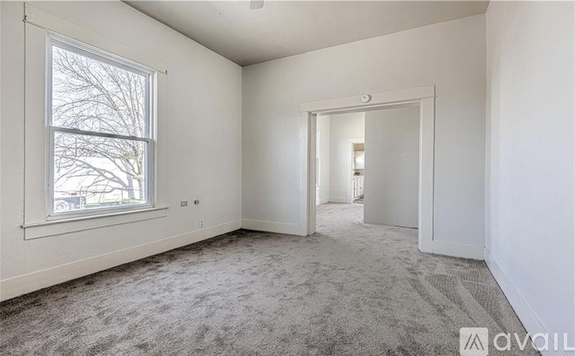 A room with a carpeted floor and a window with a view of trees outside.