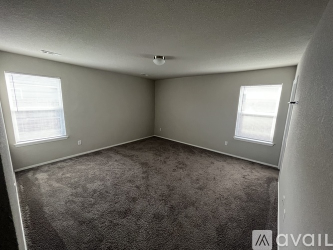 A room with grey carpet and two windows.