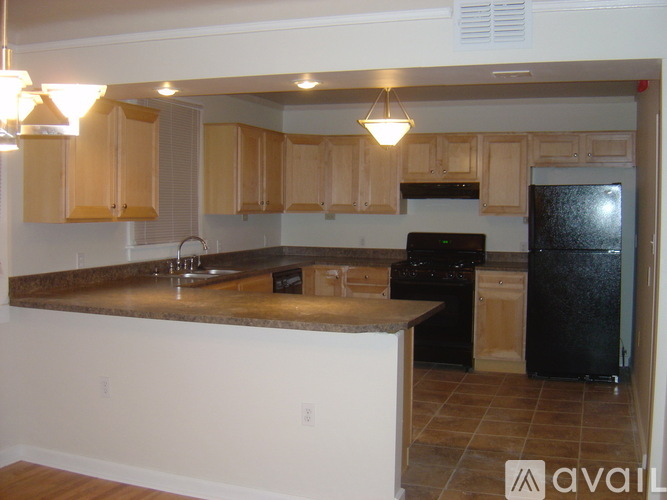 A kitchen with black appliances and wooden cabinets.