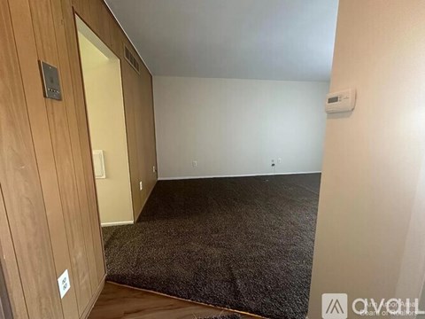 A room with a carpeted floor and a wooden door.
