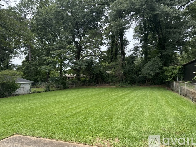 A backyard with a green lawn and trees.