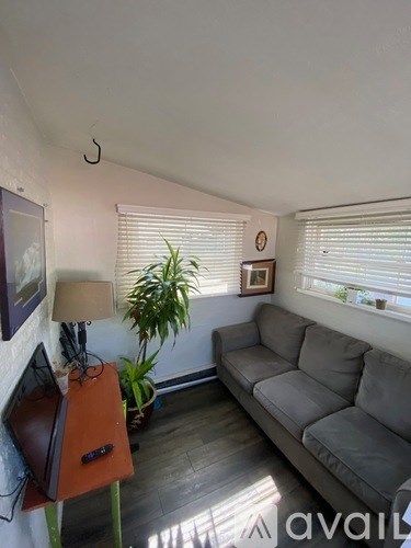 A living room with a grey couch, a wooden table with a laptop and a plant on it, and a window with blinds.