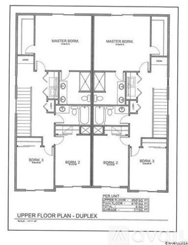 A floor plan of a duplex apartment with two bedrooms and two bathrooms.