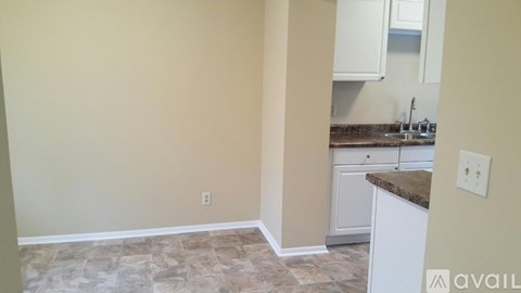 A kitchen area with a counter and cabinets.
