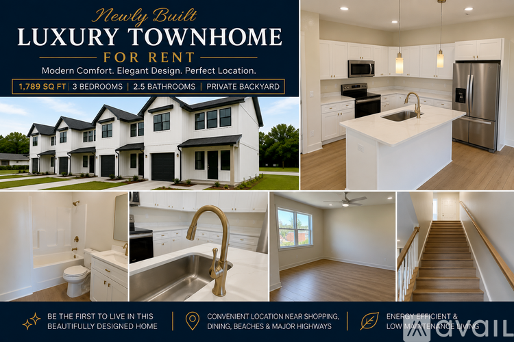 A new luxury townhome for rent with a kitchen, bathroom, and staircase.