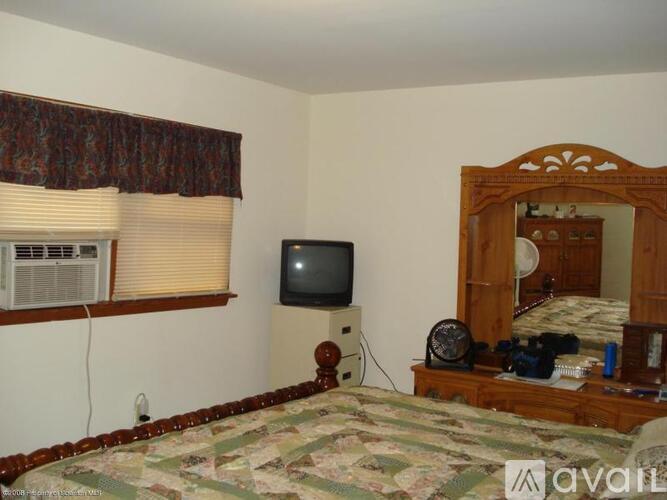 A bedroom with a bed, a television, a fan, and a mirror.