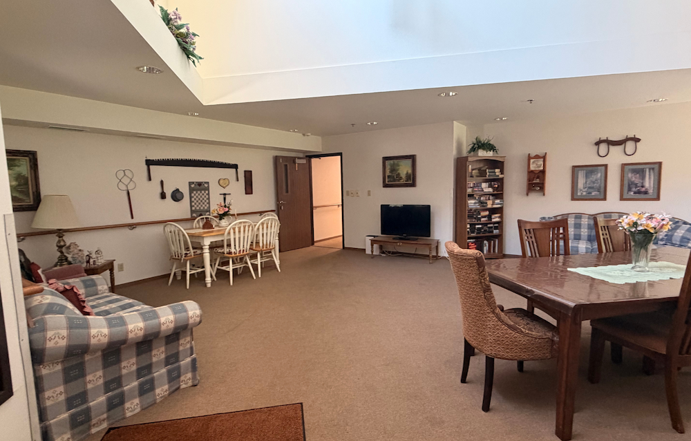 A living room with a couch, chairs, a dining table, and a television.
