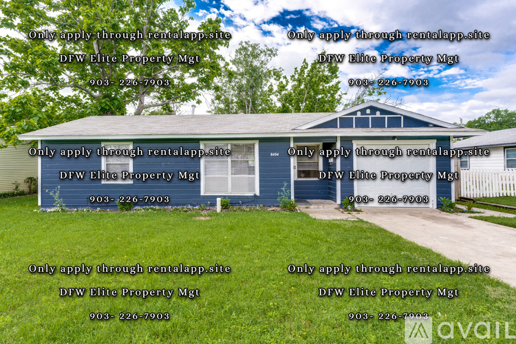 A blue house with multiple "Only apply through rentalapp-site" texts and a phone number.