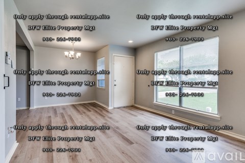 A room with a window and a door, with text overlays instructing to apply through a specific site.