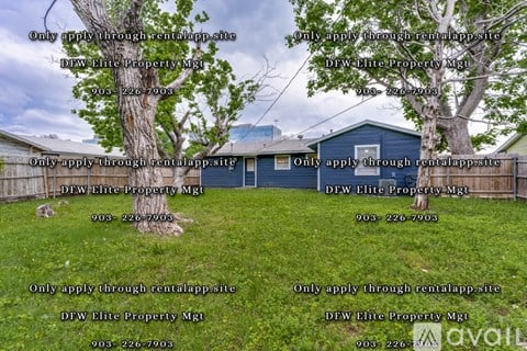 A property listing image with a blue house and trees.