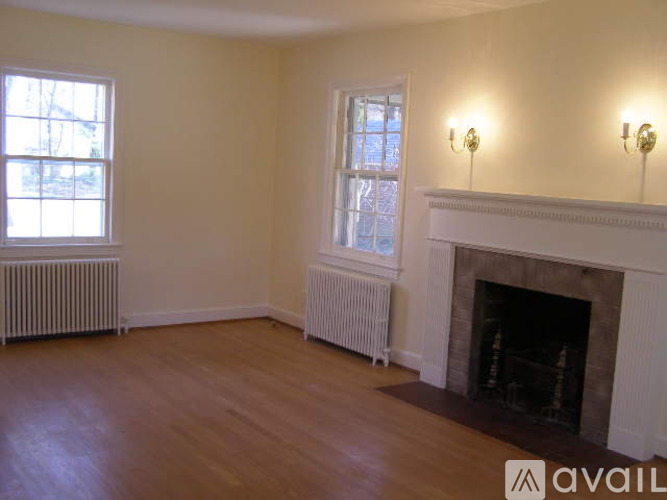A living room with a fireplace and two windows.