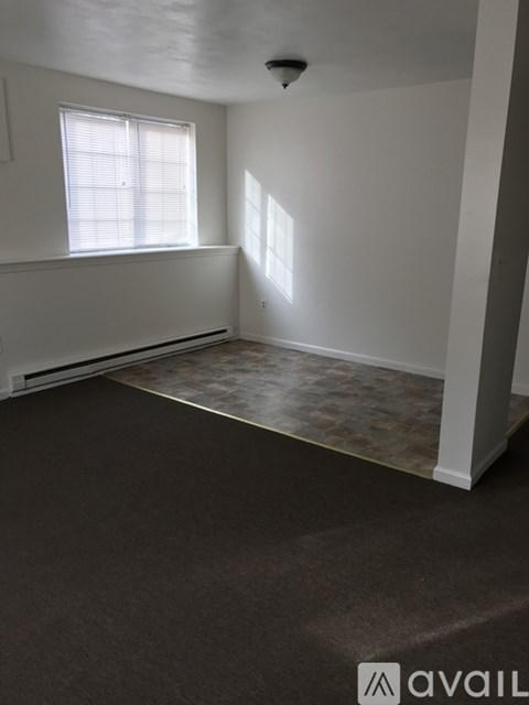 A room with a window and a carpeted floor.