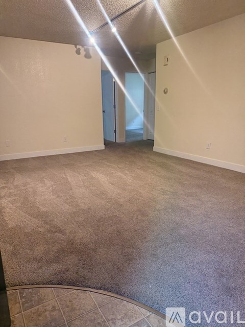 A room with a carpeted floor and a door in the background.