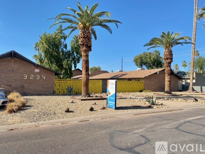 A building with the number 3237 on it is surrounded by palm trees.