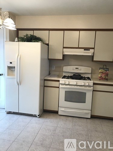 A white fridge and stove in a kitchen.