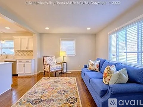 A living room with a blue couch and a rug.
