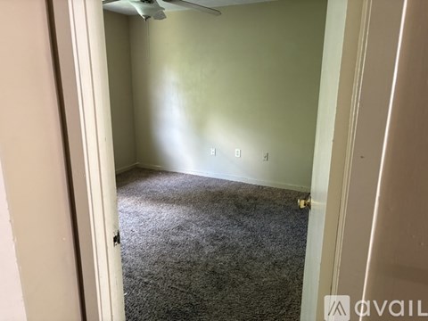 A room with a carpeted floor and a ceiling fan.