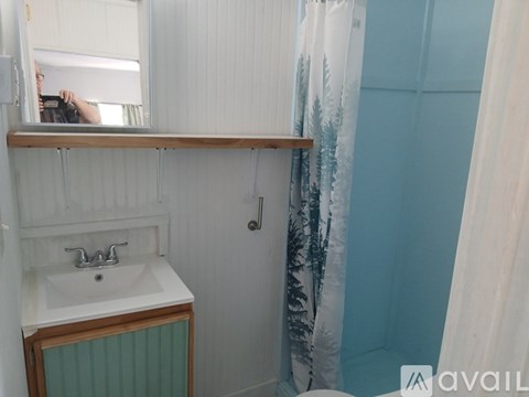 A person is taking a picture of a bathroom with a white sink and a blue shower curtain.