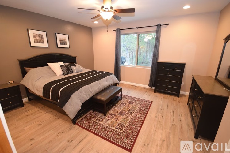 A bedroom with a large bed, a ceiling fan, and a rug on the floor.