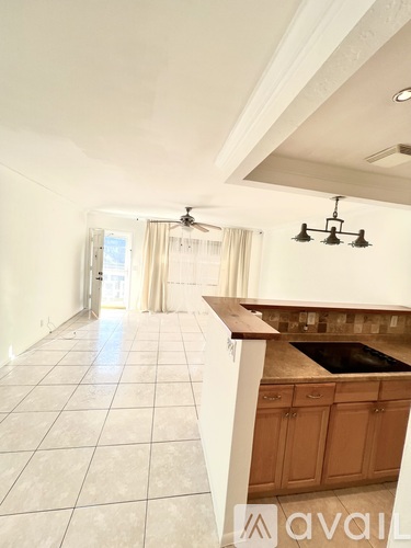 A kitchen with a counter and cabinets.