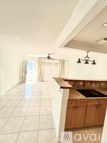 A kitchen with a counter and cabinets.