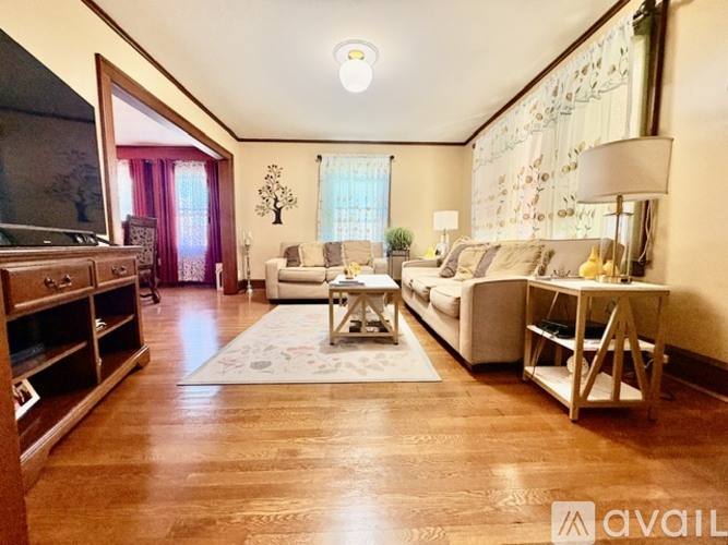 A living room with a white couch and a rug.