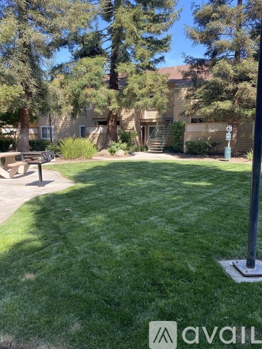 A grassy area with a bench and a pole in front of a building.