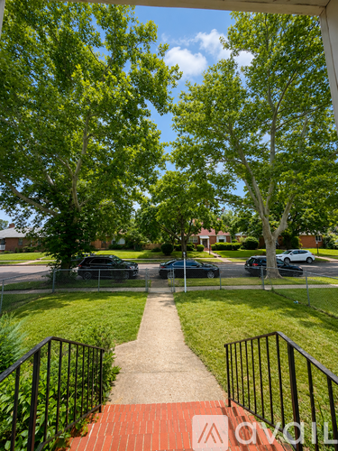 A view from a balcony looking down a tree-lined walkway.