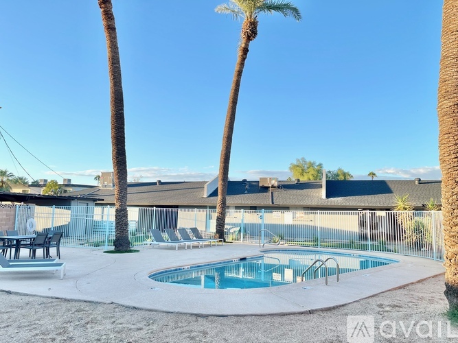 A pool surrounded by palm trees and a fence.