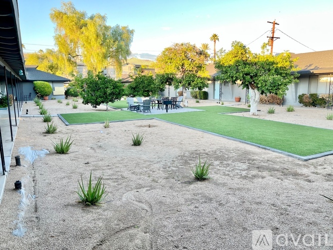 A backyard with a green lawn and a few trees.